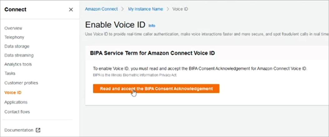 Auf der Seite „Voice ID aktivieren“ wird die Schaltfläche zur Bestätigung der Zustimmung nach dem BIPA-Gesetz (Biometric Information Privacy Act) angezeigt, die Benutzer lesen und akzeptieren müssen, bevor sie Voice ID aktivieren können.