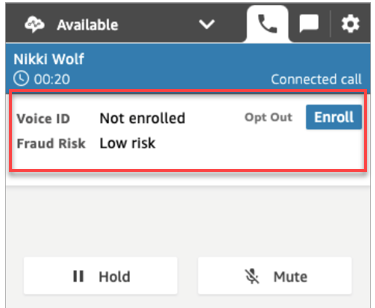 Wenden Sie sich an das Control Panel (CCP), das Voice ID-Steuerelemente wie den Anmeldestatus, das Authentifizierungsergebnis und Schaltflächen für die Registrierung oder Abmeldung von Kunden anzeigt.