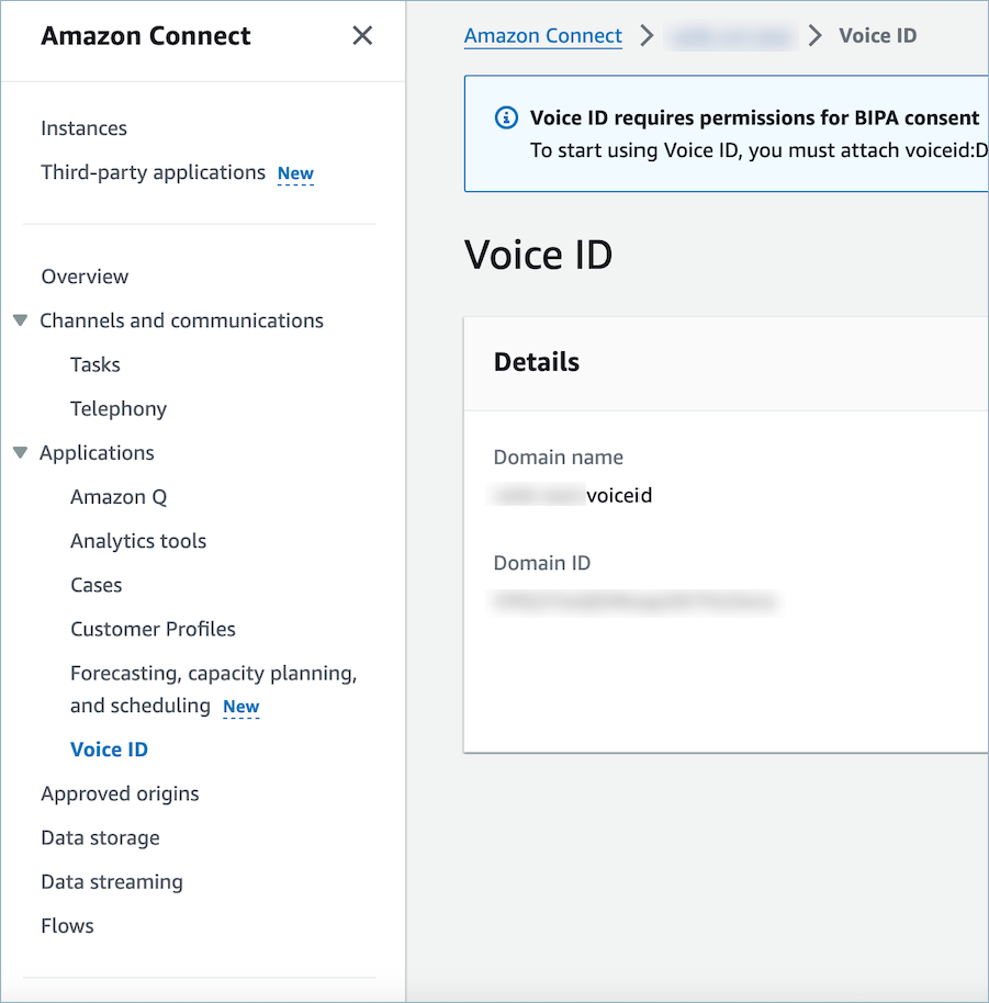 Der Bereich Voice ID der Amazon Connect Connect-Konsole, in dem das Domain-ID-Feld angezeigt wird, das für die Domain-Wiederherstellung benötigt wird.