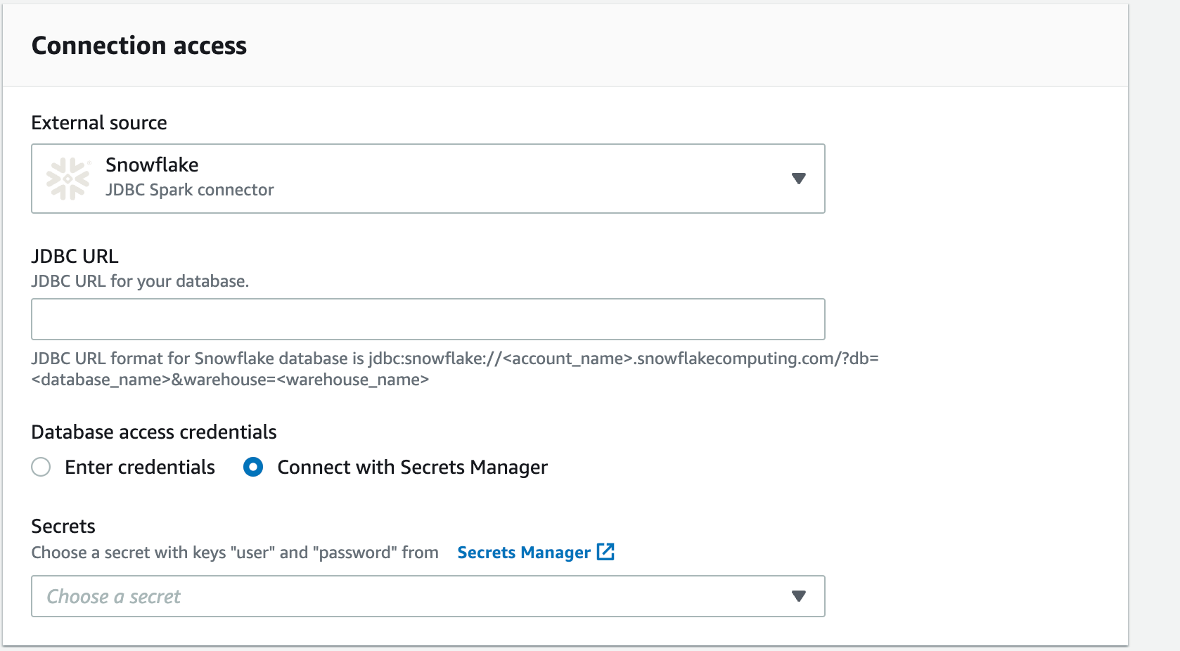 Der Screenshot zeigt einen Assistenten für den Verbindungszugriff, bei dem Snowflake als externe Quelle ausgewählt ist. Füllen Sie die anderen Felder aus, um die Verbindung herzustellen: JDBC-URL und Anmeldeinformationen für den Datenbankzugriff.