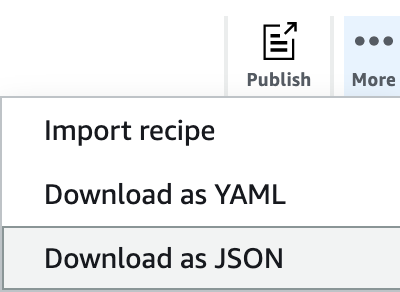 Das erweiterte Menü zeigt die Optionen „Rezept importieren“, „Als YAML herunterladen“ und „Als JSON herunterladen“.