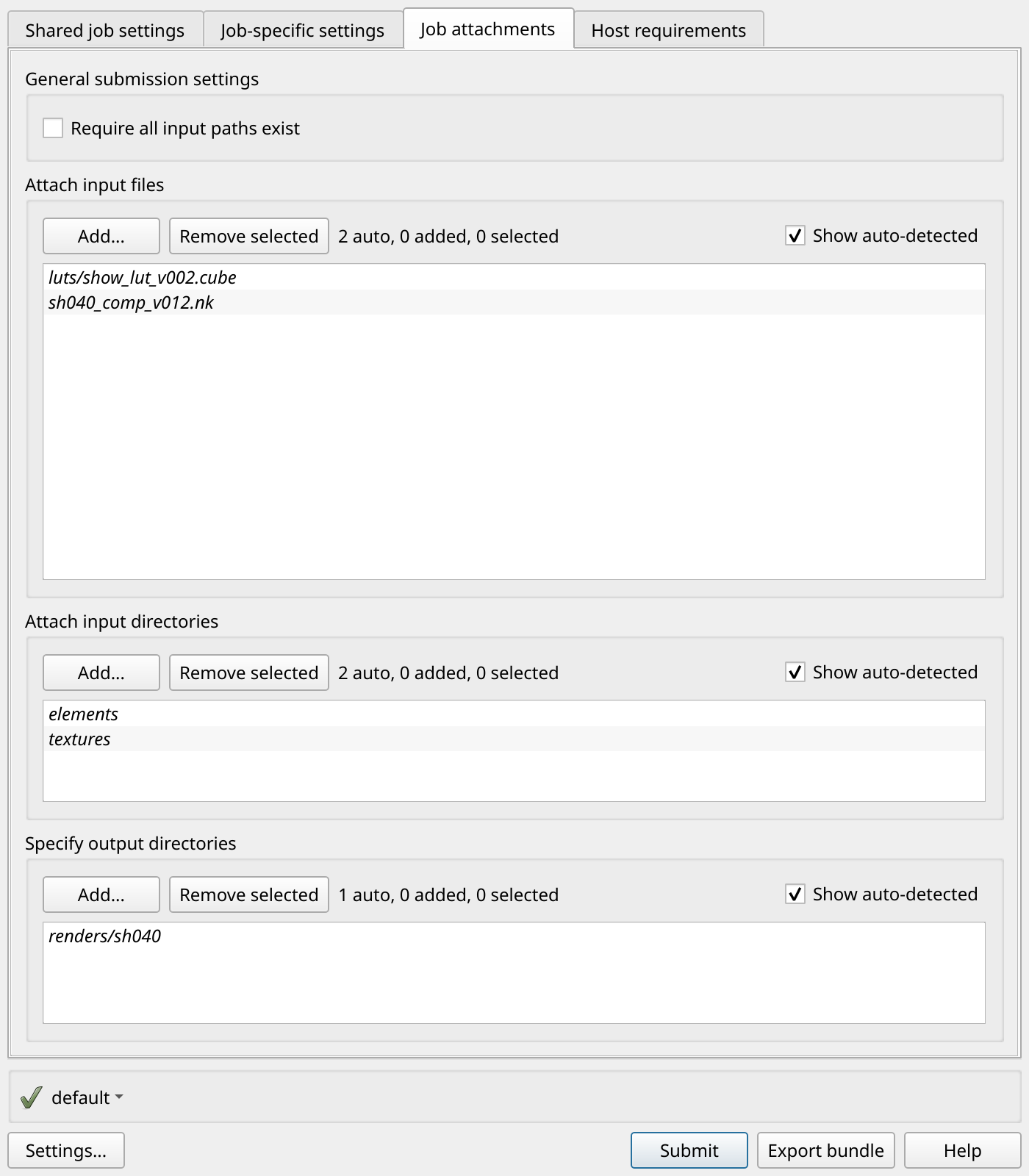 Die Registerkarte „Auftragsanhänge“ eines Einreichungsdialogs, in der die erkannten Eingabedateien, Eingabeverzeichnisse und das Ausgabeverzeichnis aufgeführt sind.