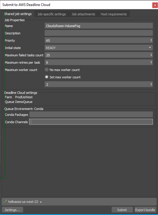 Die Registerkarte „Einstellungen für gemeinsame Aufträge“ des Deadline Cloud-Absenders für 3ds Max, auf der Auftragseigenschaften, Deadline Cloud-Einstellungen und die Conda-Warteschlangenumgebung angezeigt werden.