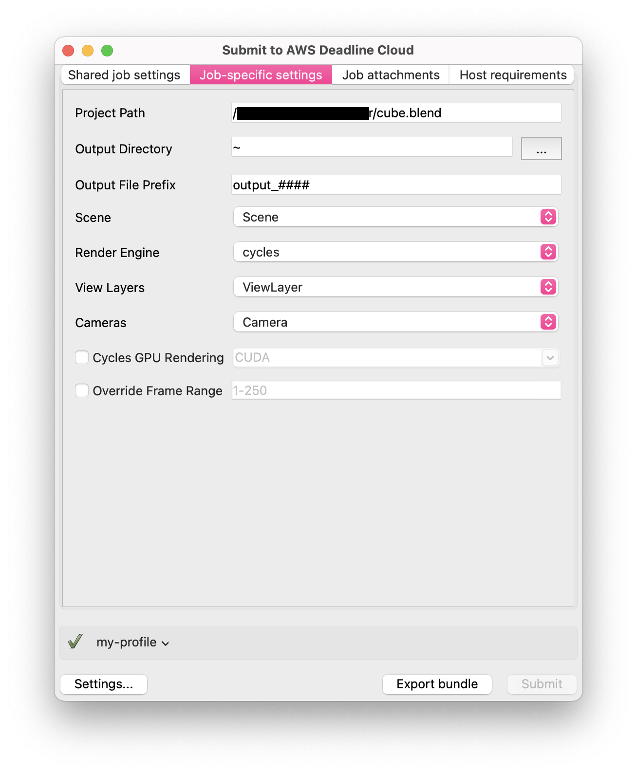 Benutzeroberfläche für Absender mit Blender-specific Jobeinstellungen.