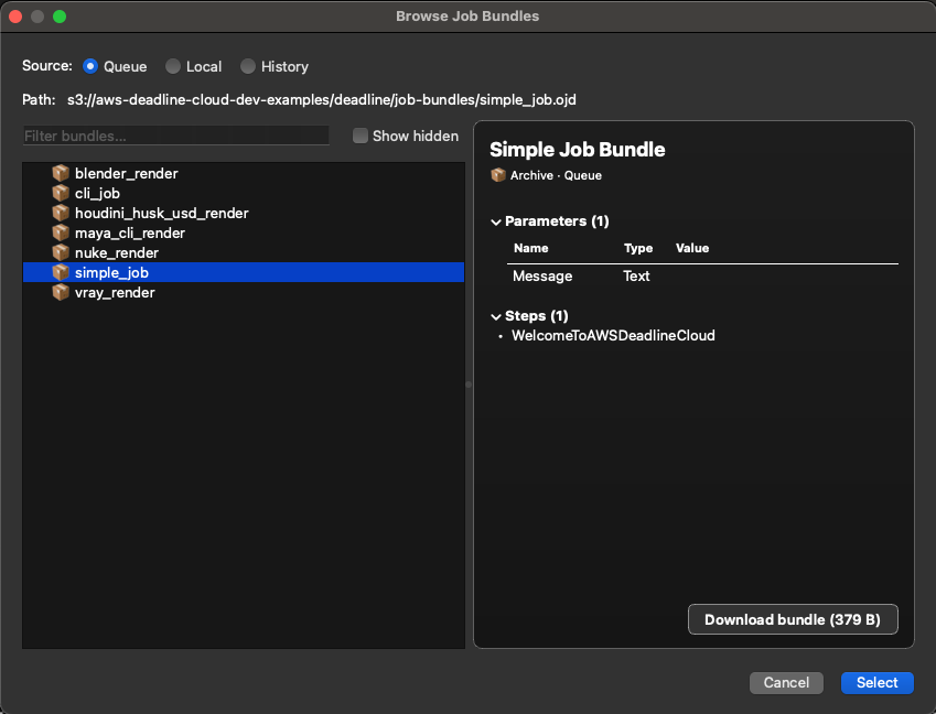 Das Fenster „Job-Pakete durchsuchen“, in dem die Quelle auf Queue gesetzt ist, eine Bundle-Liste und ein Vorschaufenster mit Parametern und Schritten.