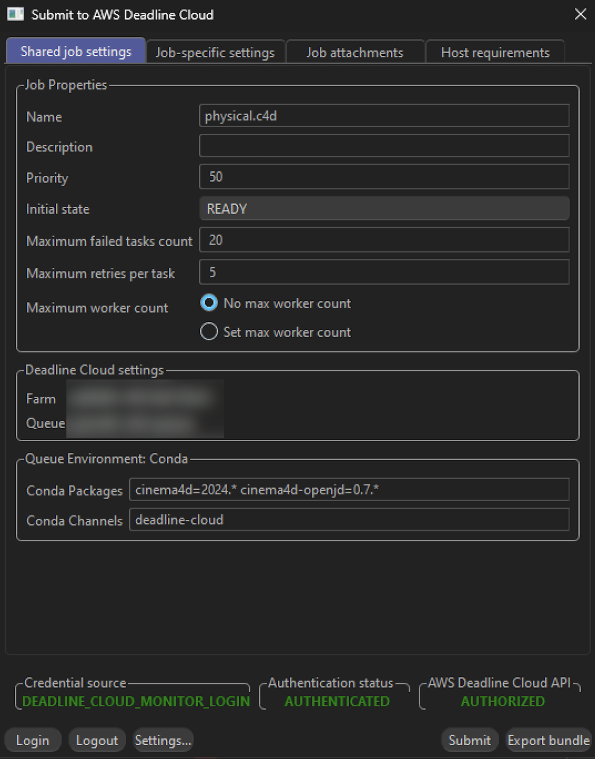 Gemeinsame Jobeinstellungen im Cinema 4D-Absender.