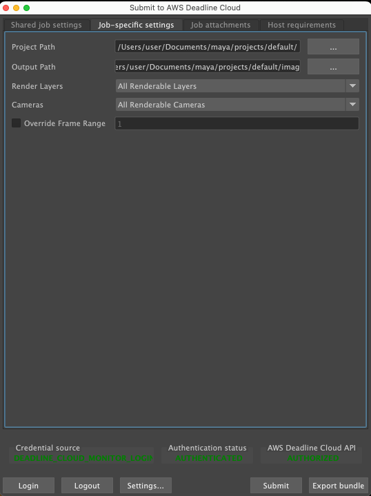 Das Dialogfeld „Deadline Cloud Submitter“ mit der Registerkarte „ Job-specific Einstellungen“ mit Optionen für den Maya-Projektpfad, den Ausgabepfad, die Renderebenen, die Kameras und den Bildbereich.