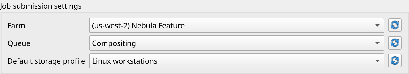 Der Bereich mit den Einstellungen für die Auftragsübermittlung zeigt eine Farm, eine Warteschlange und ein Standardspeicherprofil.