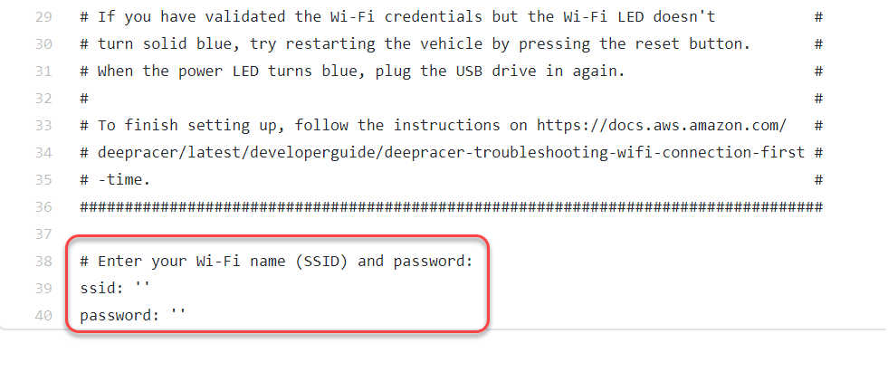 Input fields for entering Wi-Fi name (SSID) and password in a configuration file.