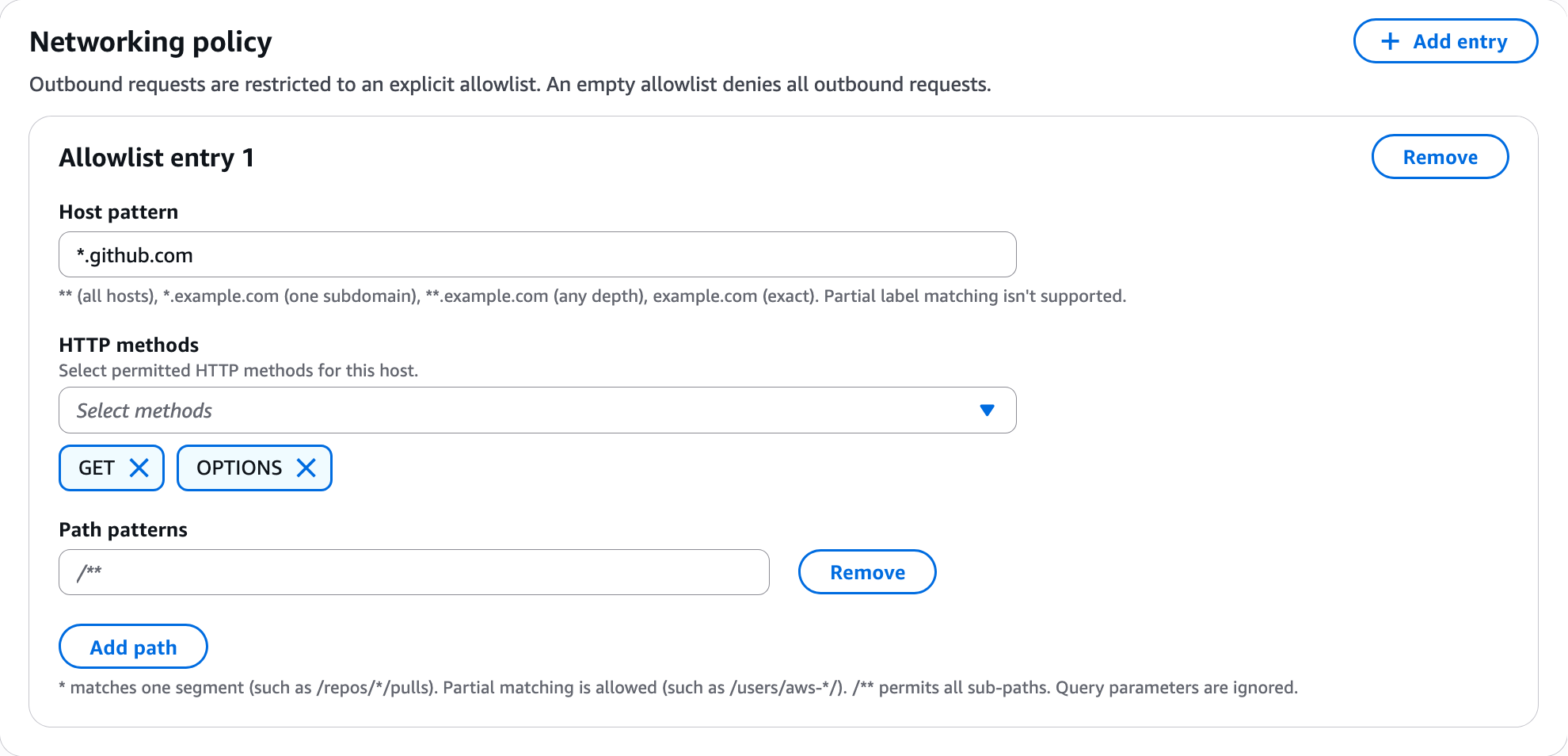 Zulassungslisteneintrag mit dem Hostmuster *.github.com, den Methoden GET und OPTIONS und dem Pfadmuster /**.