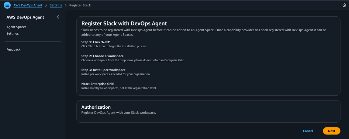 Seite „Slack bei AWS DevOps Agent registrieren“, auf der die Installationsschritte und der Abschnitt zur Autorisierung angezeigt werden.