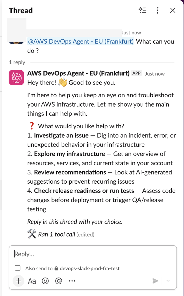 Ein Konversationsthread, in dem die AWS DevOps Agent-App mit einer Liste von Funktionen antwortet.