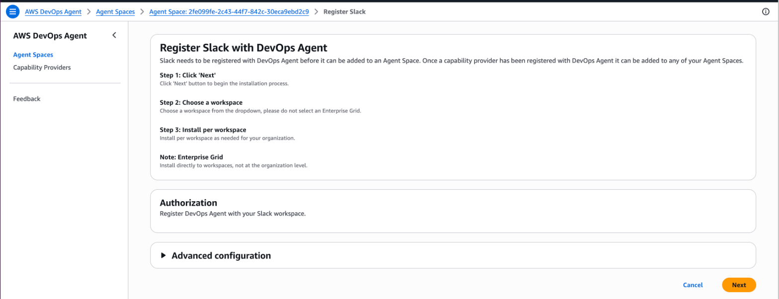 Auf der Seite „Slack beim DevOps Agenten registrieren“ werden die Schritte zur Workspace-Installation angezeigt.