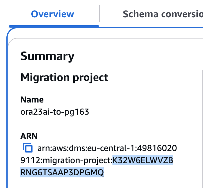 Dies ist ein Bild, das zeigt, wie die ARN-ID von der AWS DMS Konsole abgerufen wird.