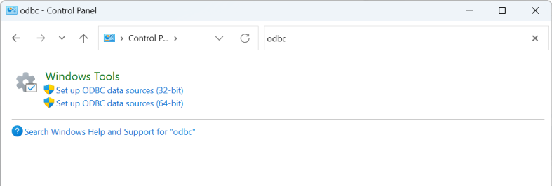 Benutzeroberfläche der Windows-Systemsteuerung mit Setup-Links für ODBC-32-Bit- und 64-Bit-Datenquellen.
