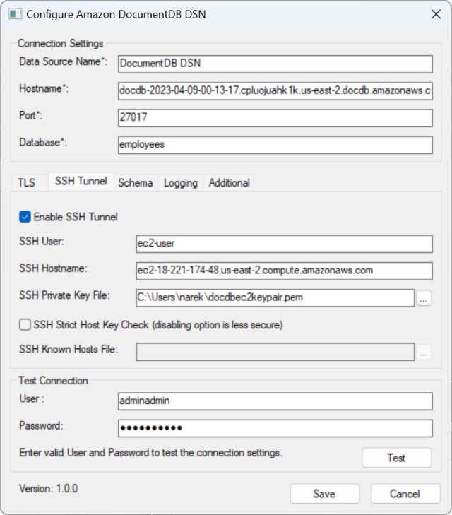 Die Felder „Amazon DocumentDB DSN-Schnittstelle mit SSH-Tunnel konfigurieren“ sind abgeschlossen.