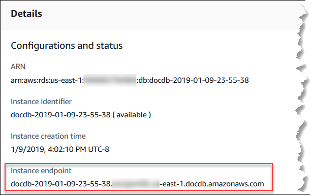 Konsolen-Screenshot mit der Detailseite mit hervorgehobenem Instance-Endpunkt.