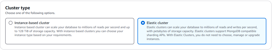 Das Dialogfeld Elastic Cluster Type zeigt eine Auswahl an Instance-based Clustern und Elastic Clustern an.
