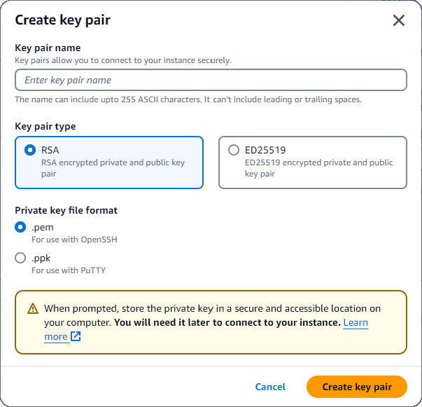 Die Schnittstelle key pair erstellen mit Feldern für den Namen, den Typ und das Dateiformat des key pair. Die Schaltfläche key pair erstellen befindet sich in der unteren rechten Ecke.
