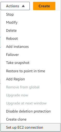 In der Dropdownliste Aktionen ist die Option EC2-Verbindung einrichten ausgewählt.