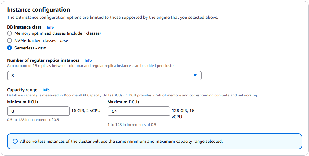 Konfigurationsformular für einen serverlosen Datenbankcluster mit Feldern für Instanzklasse, Replikatinstanzen und Kapazitätsbereich.