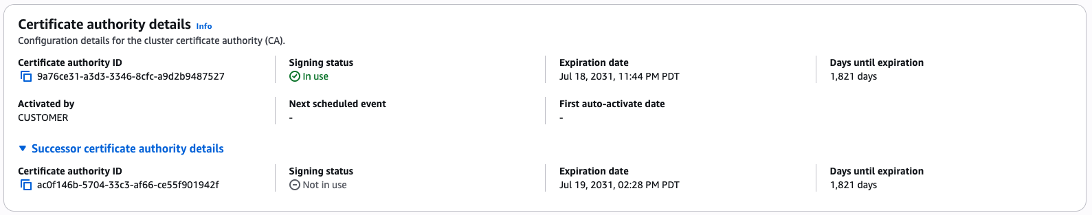 Die Amazon EKS-Konsole zeigt Details zur Zertifizierungsstelle