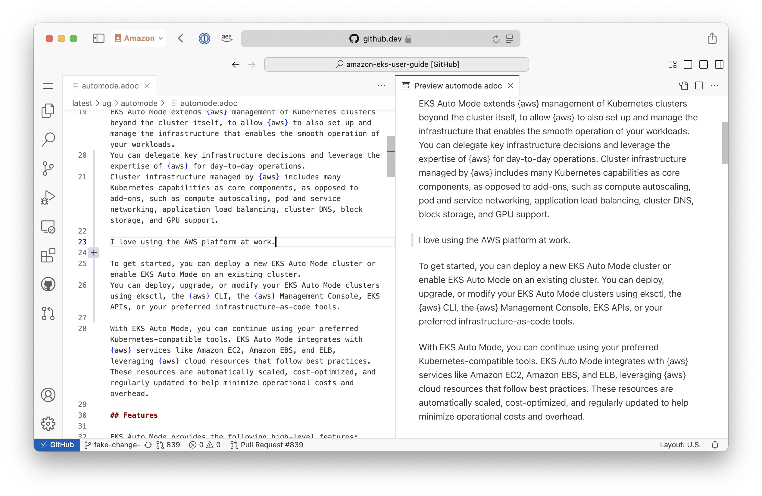 „GitHub.dev Webeditor-Benutzeroberfläche
