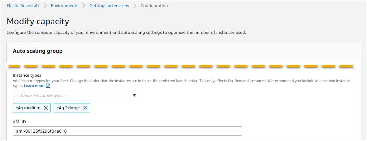 EC2 Amazon-Instance-Einstellungen im Elastic Beanstalk-Kapazitätskonfigurationsfenster zum Erstellen einer Umgebung