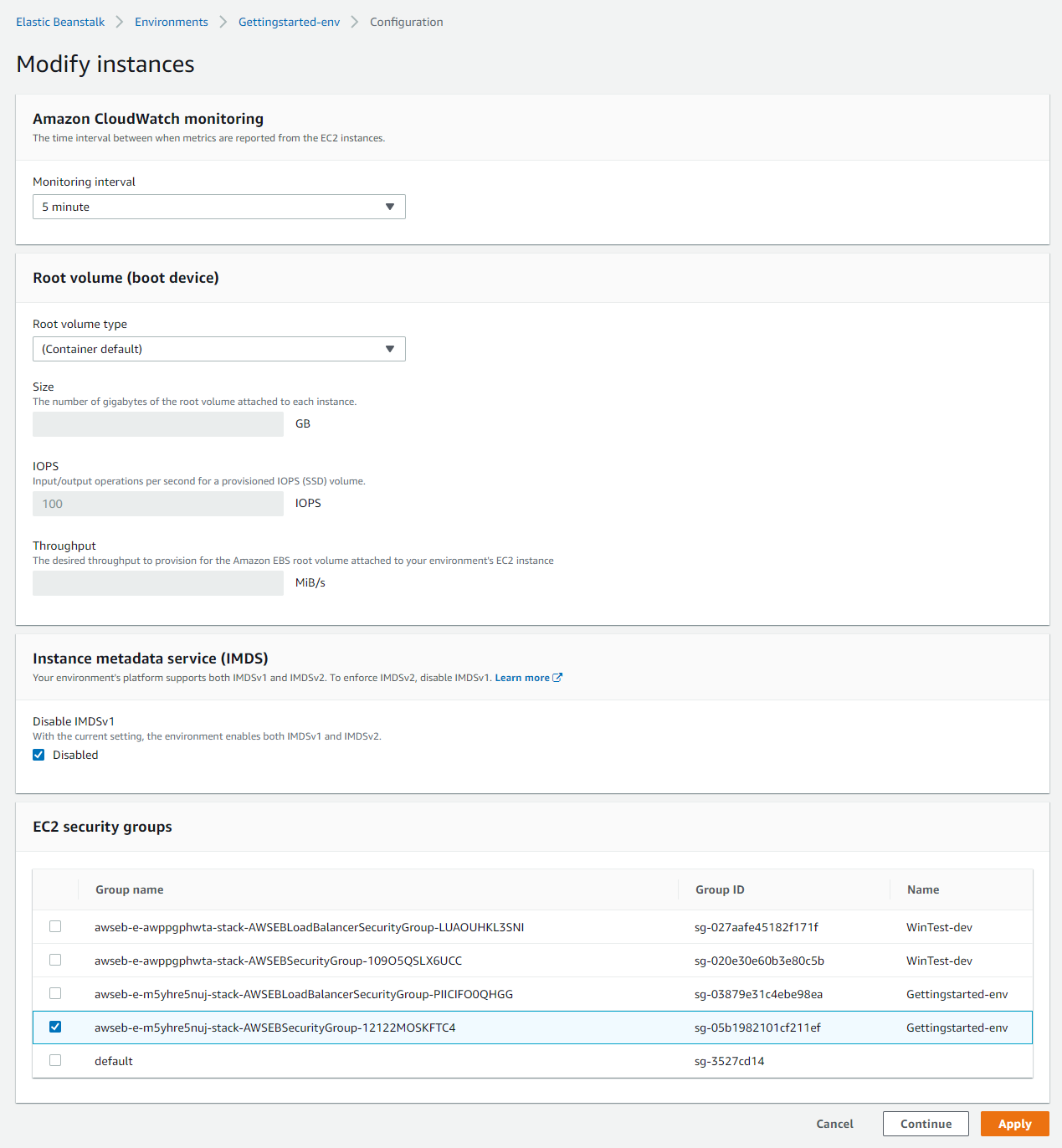 EC2 Amazon-Instance-Einstellungen im Konfigurationsfenster für Elastic Beanstalk Beanstalk-Instances