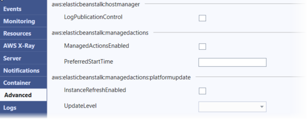 Screenshot des Fensters für erweiterte Konfigurationsoptionen in Visual Studio Toolkit für Elastic Beanstalk