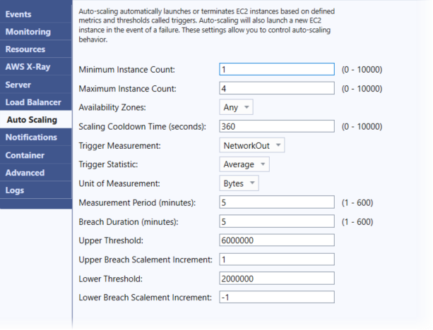 Screenshot des Auto Scaling-Konfigurationsfensters in Visual Studio Toolkit für Elastic Beanstalk