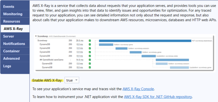 Screenshot des AWS X-Ray-Konfigurationsfensters im Visual Studio Toolkit für Elastic Beanstalk