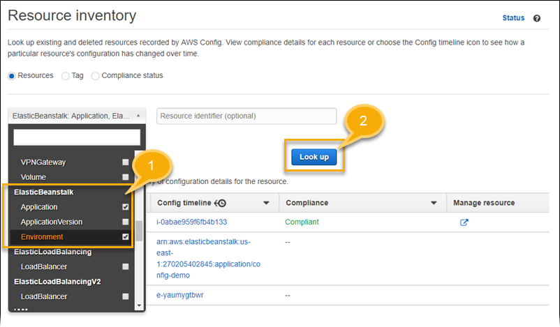 AWS Config Seite mit dem Ressourcenbestand, auf der eine Liste der Ressourcentypen angezeigt wird, nach denen gesucht werden kann