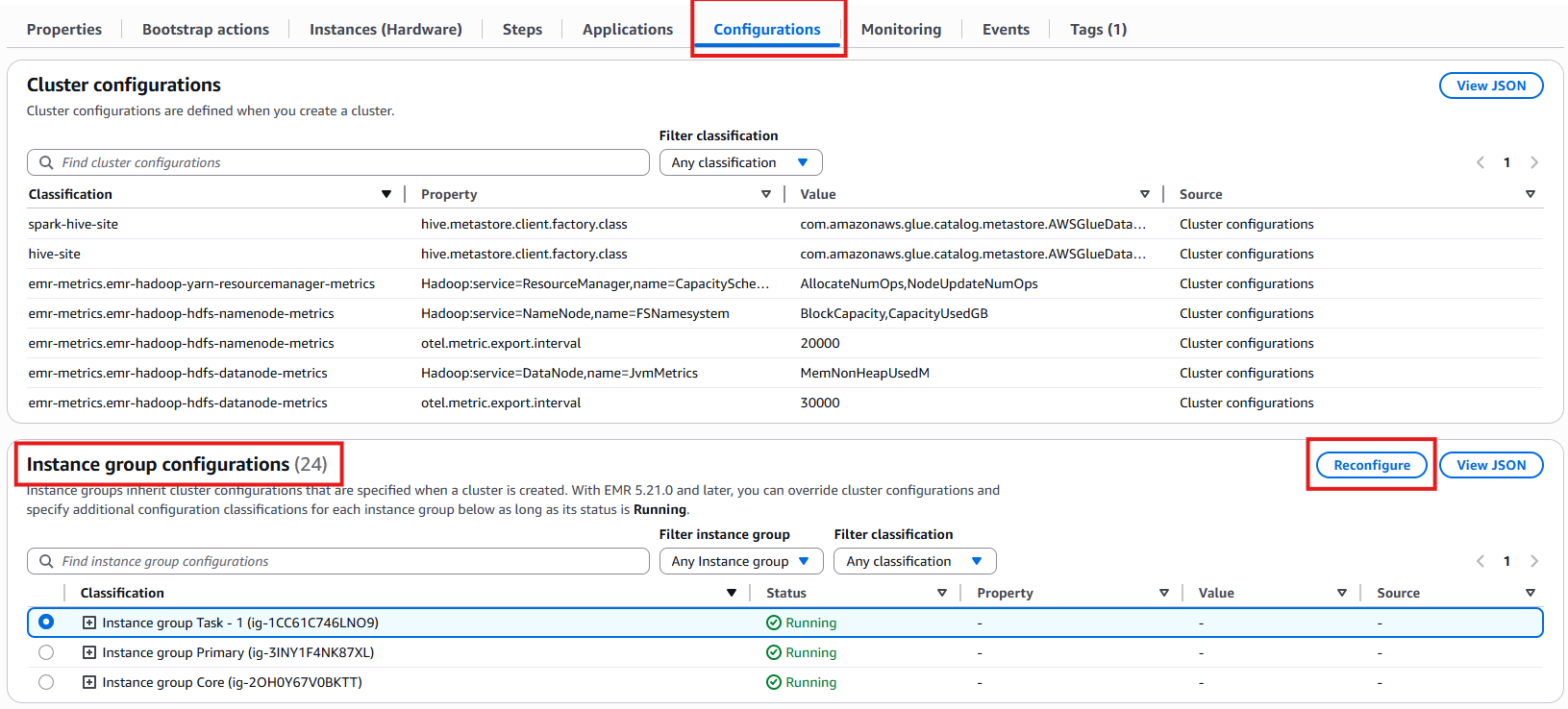 Configurations tab showing Cluster and instance group settings with options to view JSON and reconfigure.