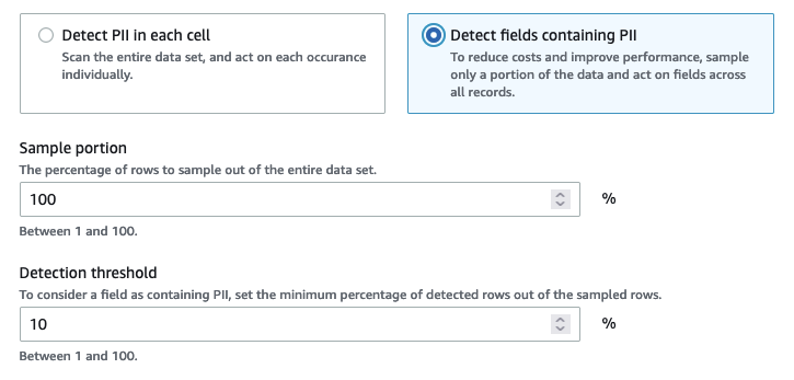 Der Screenshot zeigt die Optionen in der Detect PII-Transformation, wenn das Erkennen von Feldern, die PII in der Datenquelle enthalten, ausgewählt wird.