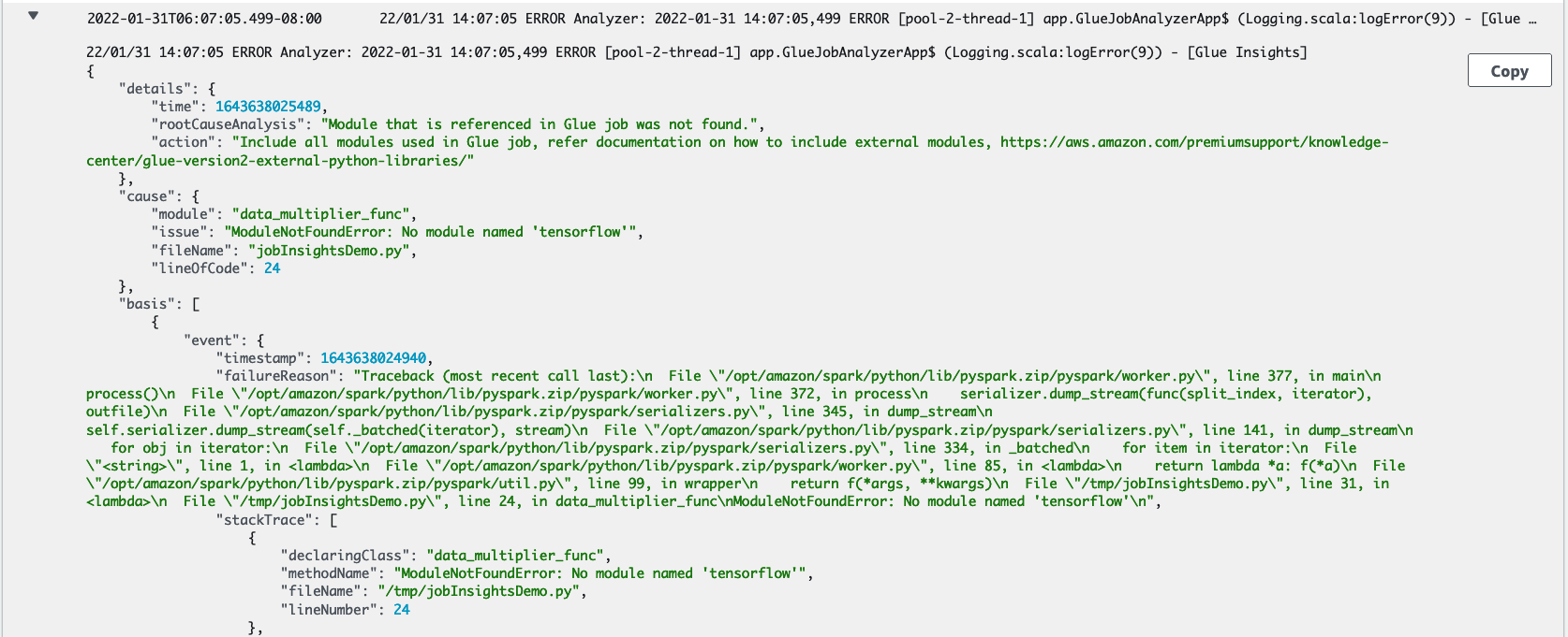 Der job-insights-rule-driver Log-Stream.