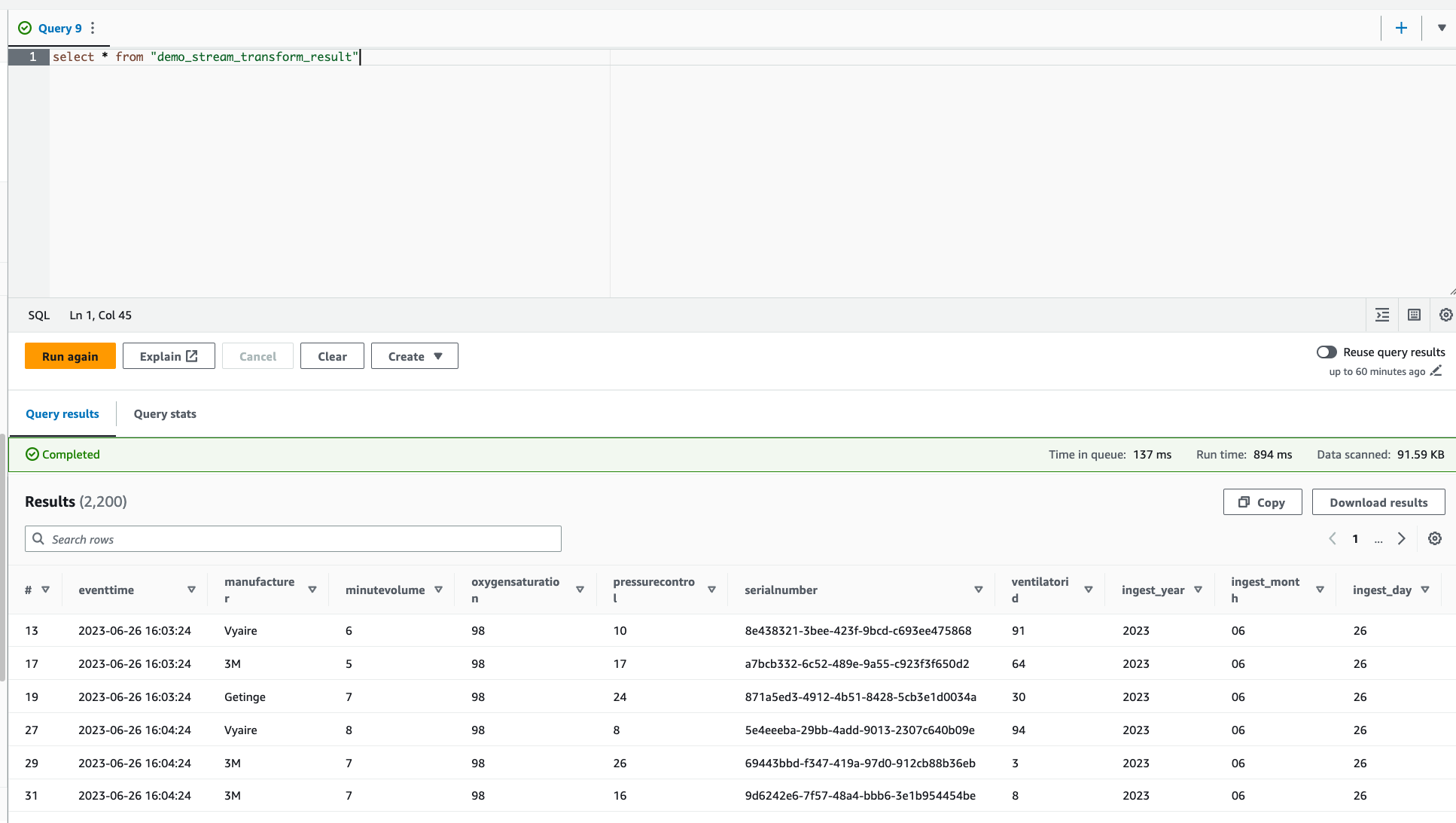 Der Screenshot zeigt die Tabelle in Amazon Athena.
