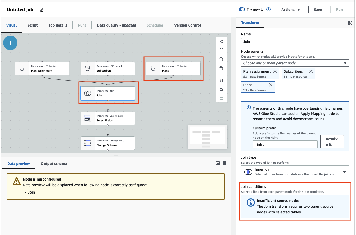 Der Screenshot zeigt ein Auftragsdiagramm, bei dem es sich bei den übergeordneten Knoten um zwei Quellknoten handelt: Planzuweisung und Subscribers. Sie sind mit einem Join-Knoten verbunden. Ein Plans-Quellknoten und ein Join-Knoten sind mit dem Knoten „Schema ändern“ verbunden. Der Katalogknoten ist mit dem Knoten „Schema ändern“ verbunden.