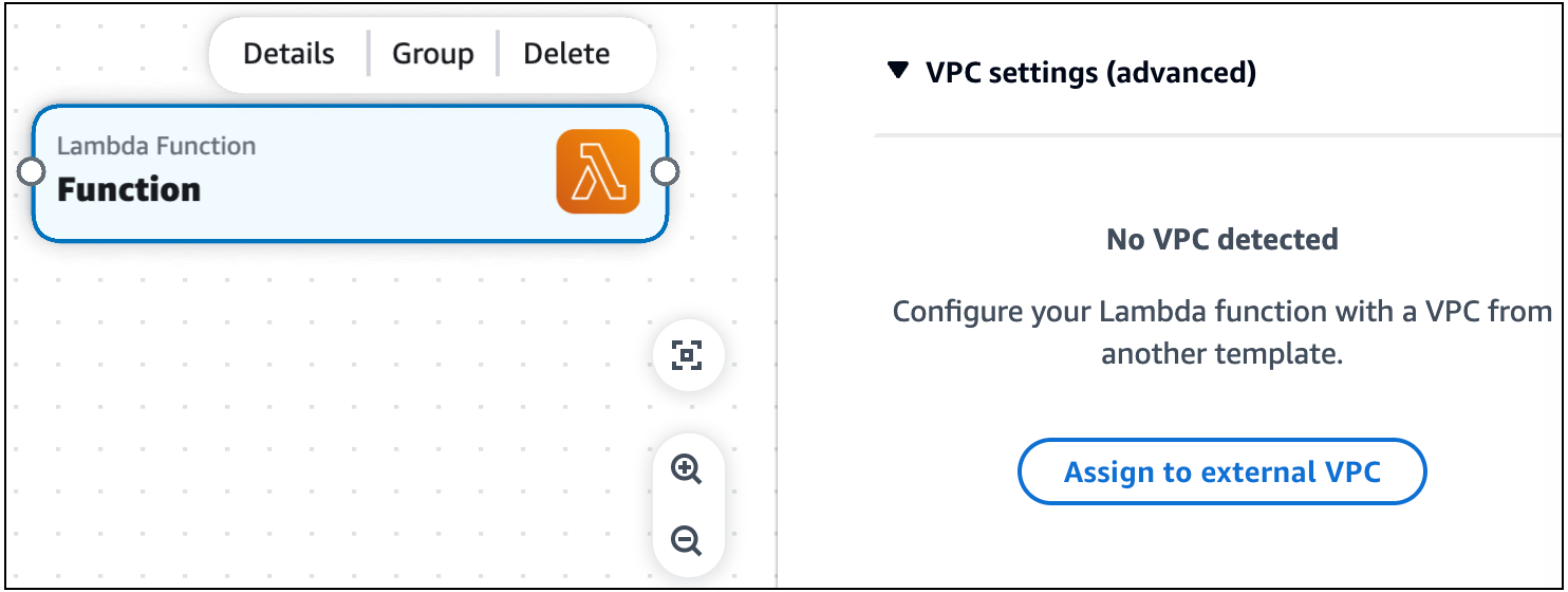 Ein Bild des Bereichs mit den Ressourceneigenschaften einer Lambda-Funktionskarte mit erweitertem Dropdownbereich für VPC-Einstellungen (erweitert)