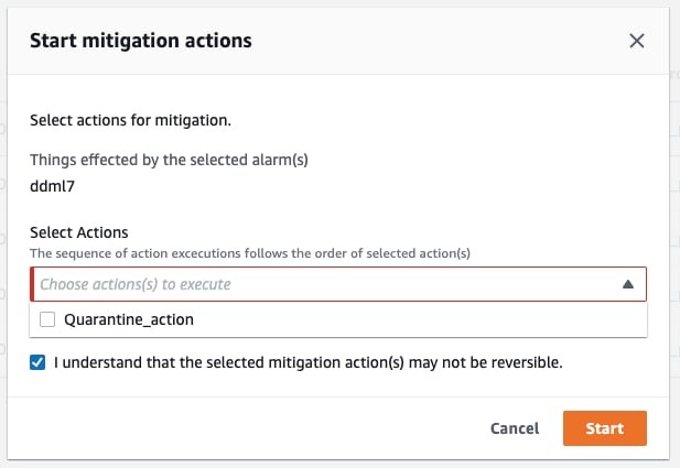 Abschwächungsaktionen-Dialog, in dem „udml7“ als das betroffene Objekt aufgeführt ist, ein Kontrollkästchen zur Bestätigung irreversibler Aktionen und ein Drop-down-Menü zur Auswahl der auszuführenden Aktion(en).