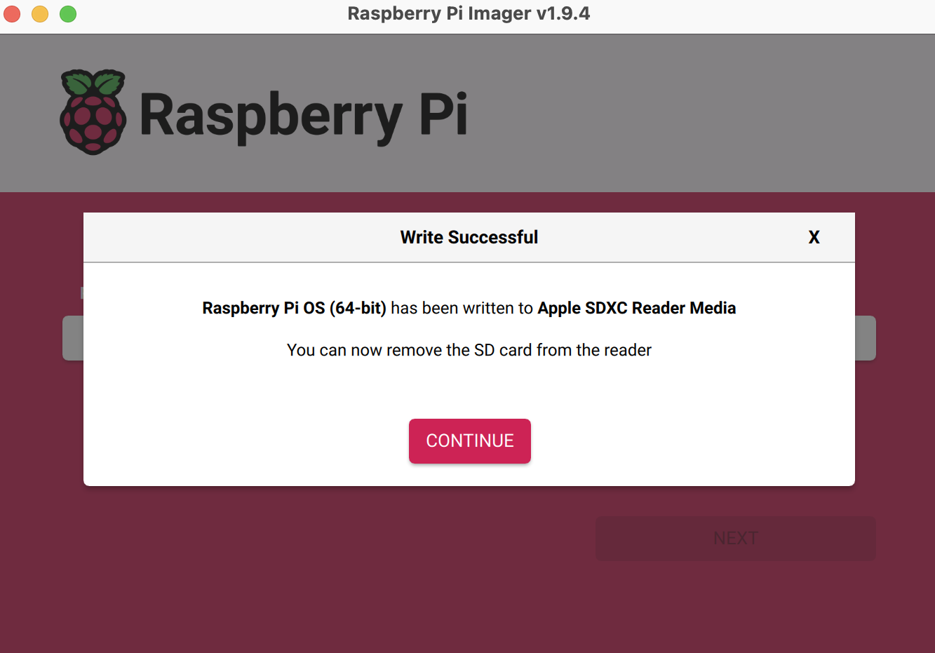 Der Erfolgsbildschirm des Raspberry Pi Imager zeigt den abgeschlossenen Schreibvorgang an