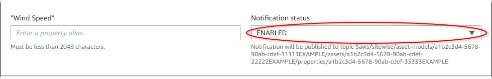 AWS IoT SiteWise Screenshot der Seite „Asset bearbeiten“, auf der „Benachrichtigungsstatus“ hervorgehoben ist.