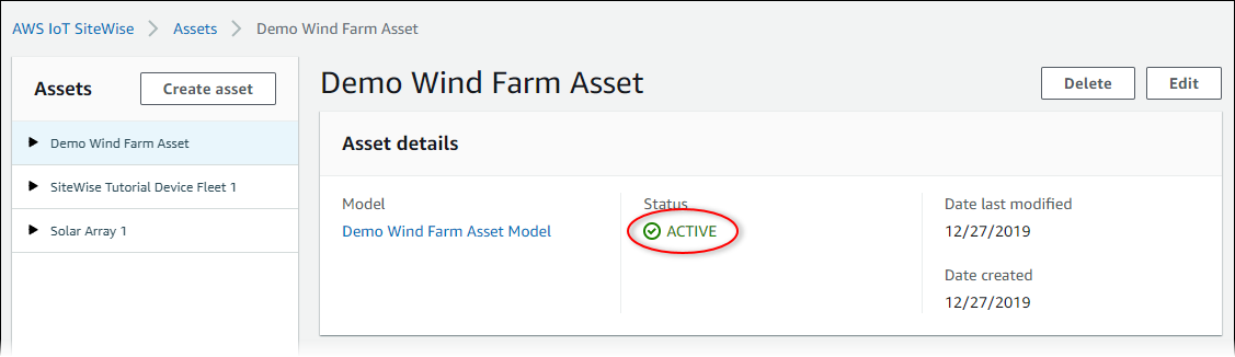 AWS IoT SiteWise Bereich „Asset-Details“ mit dem Status „Aktiv“.