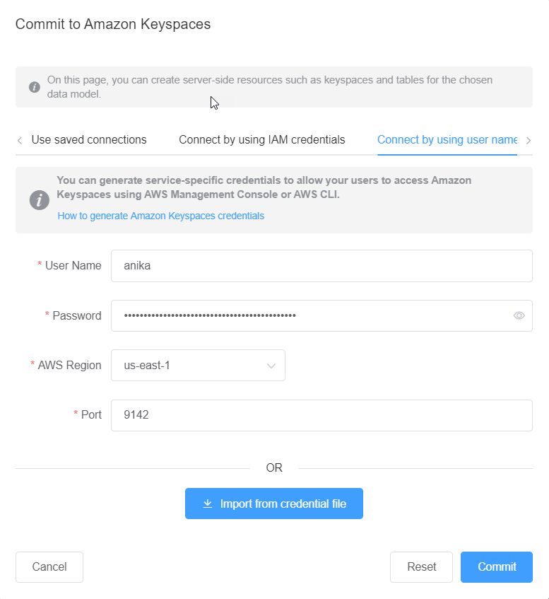 Konsolen-Screenshot, der eine Verbindung zu Amazon Keyspaces mit dienstspezifischen Anmeldeinformationen zeigt.