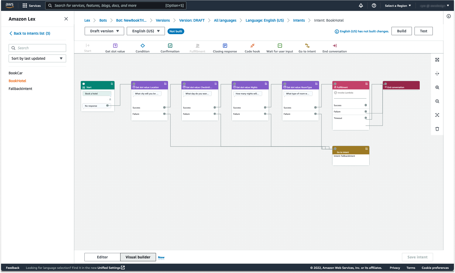 Ein Beispiel für einen Konversationsablauf mit Visual Conversation Builder.