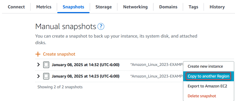 Kopieren Sie den Snapshot in eine andere Region in der Amazon Lightsail-Konsole.
