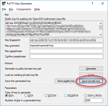 Speichern Ihres privaten Schlüssels im PuTTY Key Generator.