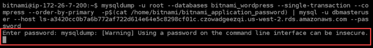 Passwortabfrage zum Übertragen der WordPress Datenbank in eine von MySQL verwaltete Datenbank in Lightsail.