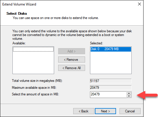 Den nicht zugewiesenen Speicherplatz im Windows Assistenten für die Erweiterung des Volume auswählen