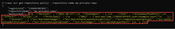 Antwort auf den get-repository-policy Befehl für ein privates Repository, für das es keine Grundsatzerklärung gibt